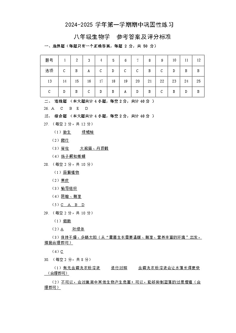 合肥市第四十八中学八年级生物试卷答案第1页