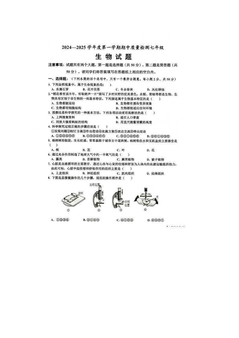 山东省乐陵市2024-2025学年七年级上学期期中考试生物试题第1页