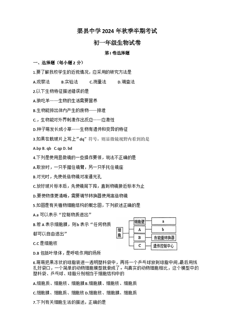 四川省达州市渠县中学2024-2025学年七年级上学期11月期中生物试题01