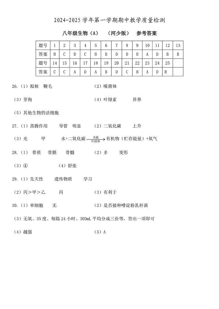 24秋河北 期中(A) 八年级生物 河少版 参考答案 转曲第1页
