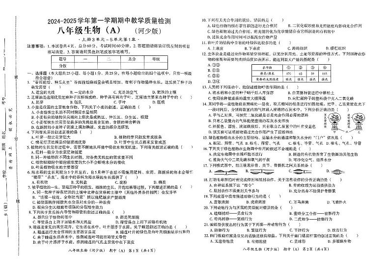 生物 八年级 期中测试卷河少第1页