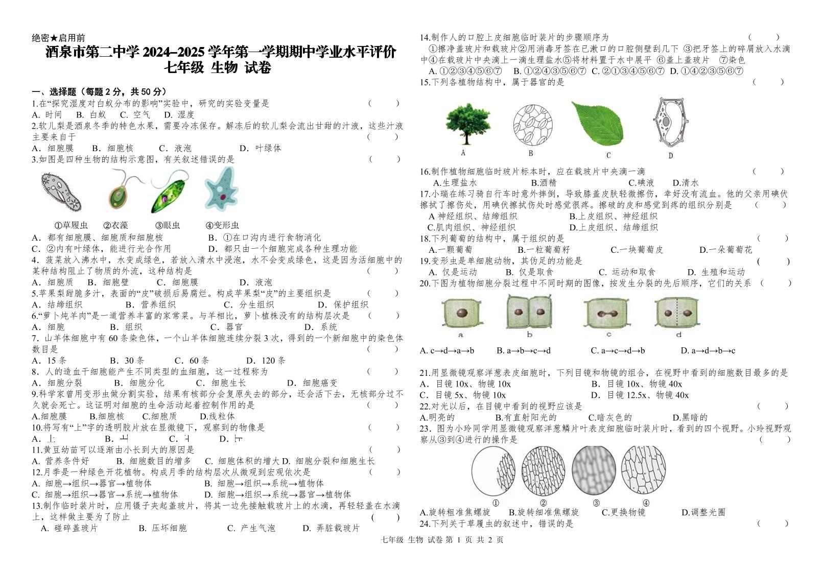 甘肃省酒泉市第二中学2024-2025学年七年级上学期期中学业水平评价生物试卷