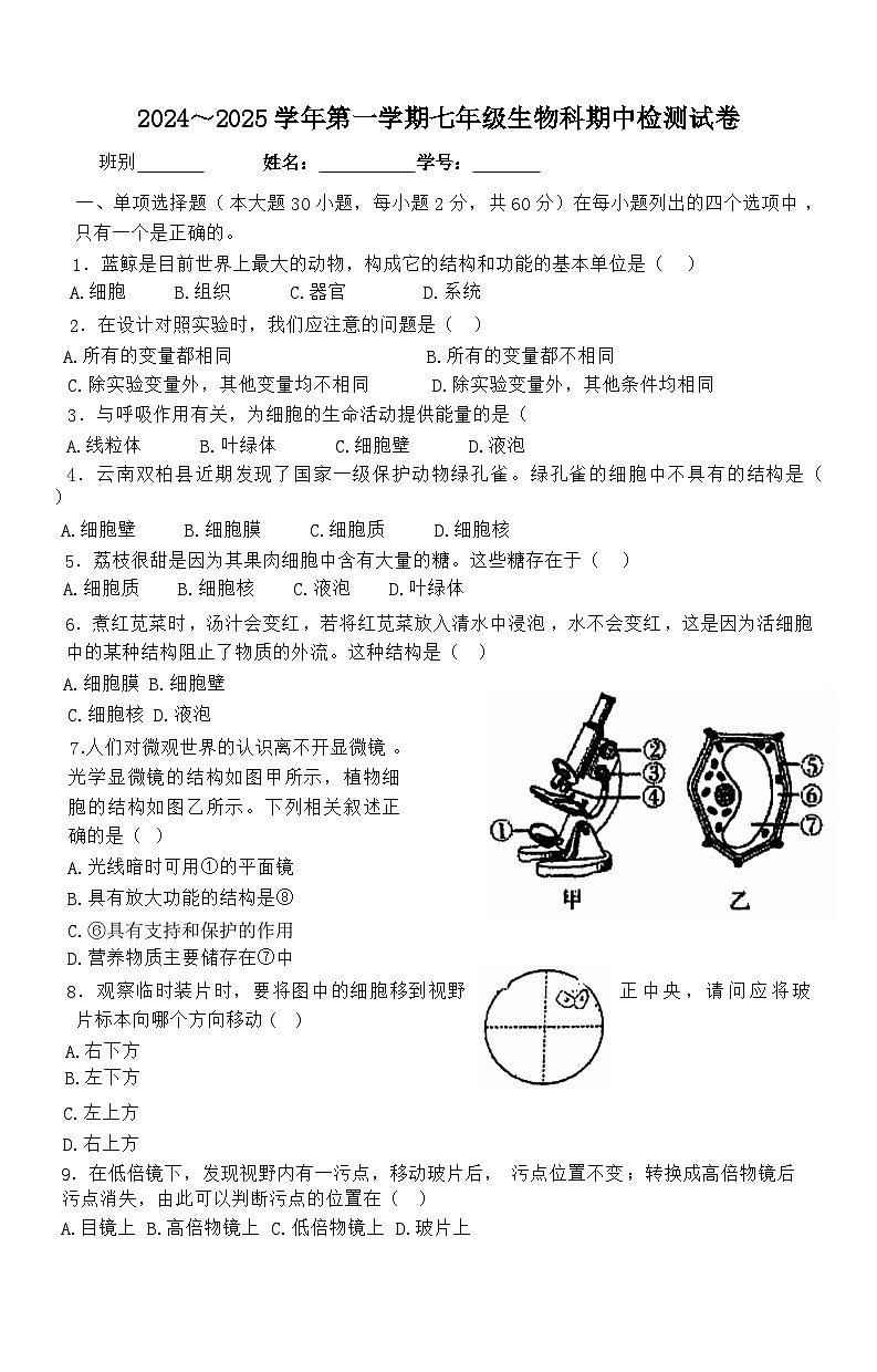广东省肇庆市颂德学校2024-2025学年七年级上学期期中考试生物试题第1页