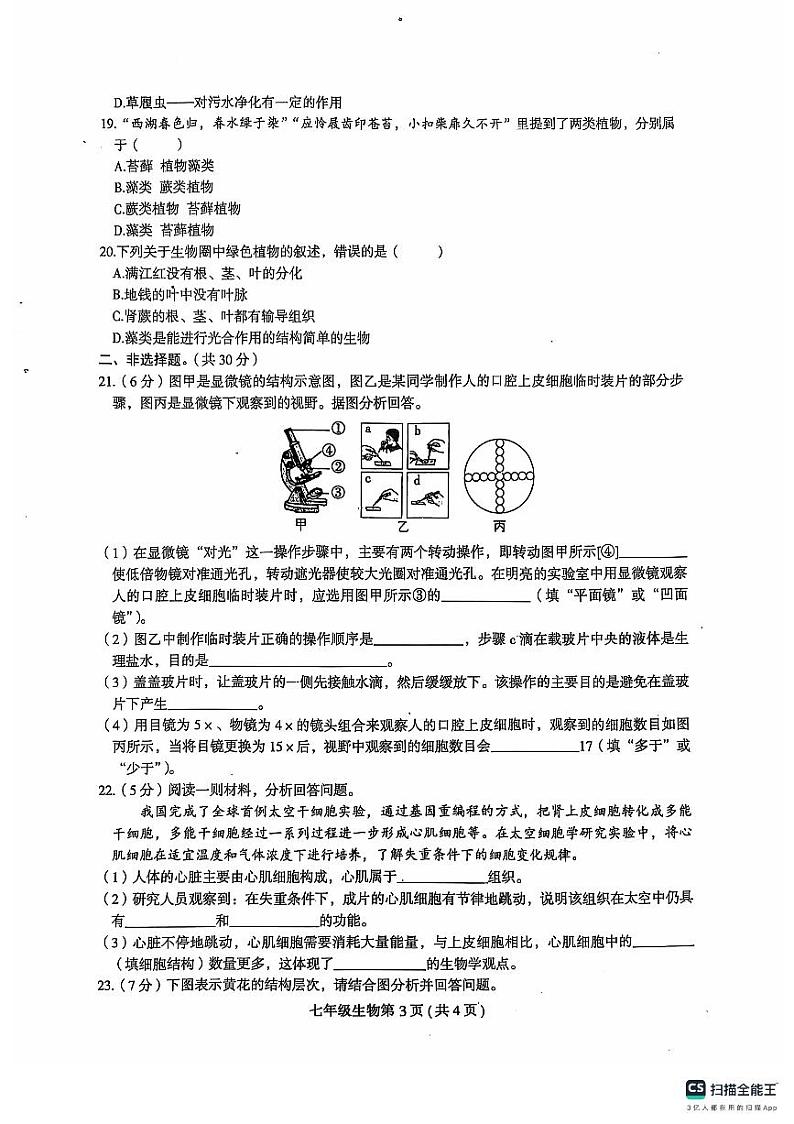 七年级上册生物期中考试试卷及答题卡第3页
