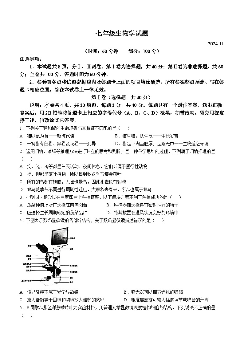 山东省潍坊市诸城市2024--2025学年七年级上学期期中生物试题01