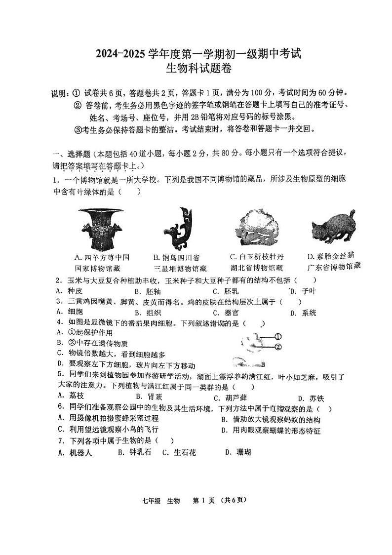 广东省汕头市金平区私立广厦学校2024-2025学年七年级上学期期中考试生物试题第1页