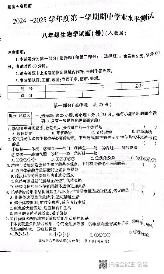 陕西省西安市高陵区2024-2025学年八年级上学期期中学业水平测试生物试卷