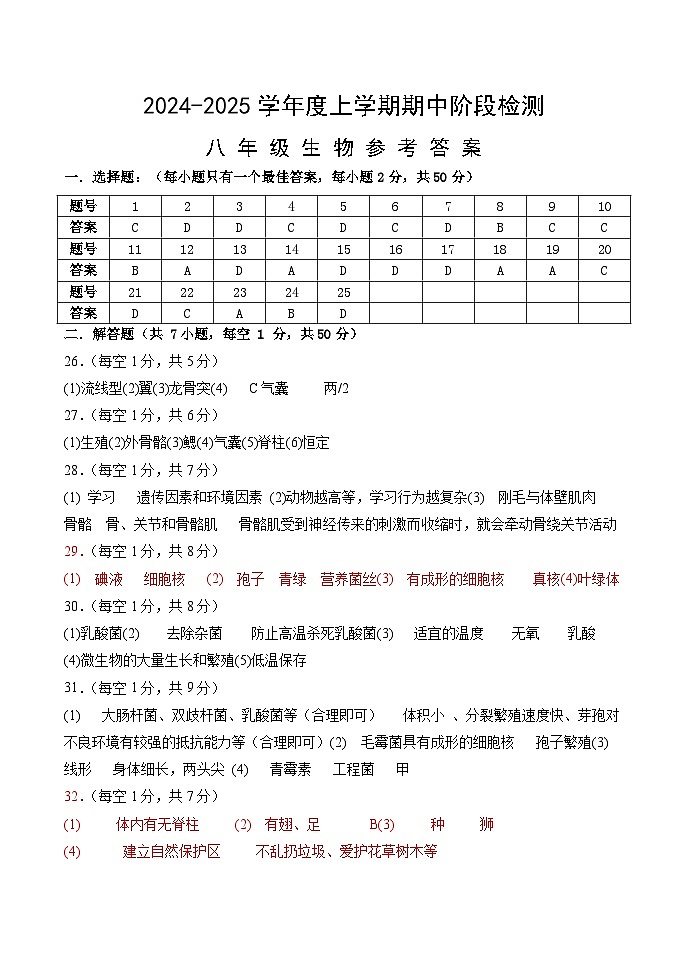 2024-2025学年度上八上生物参考答案20241010第1页