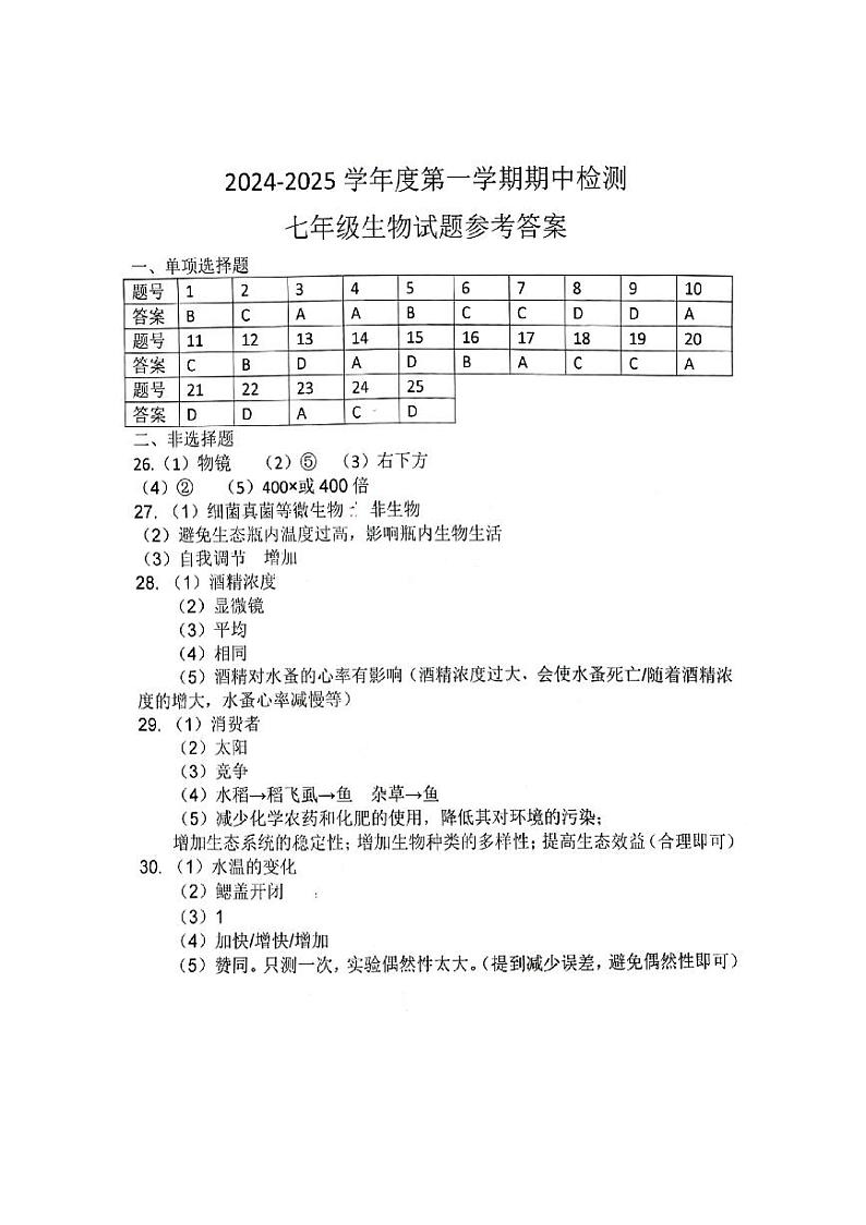 江苏省徐州市沛县2024-2025学年七年级上学期11月期中考试生物试题01