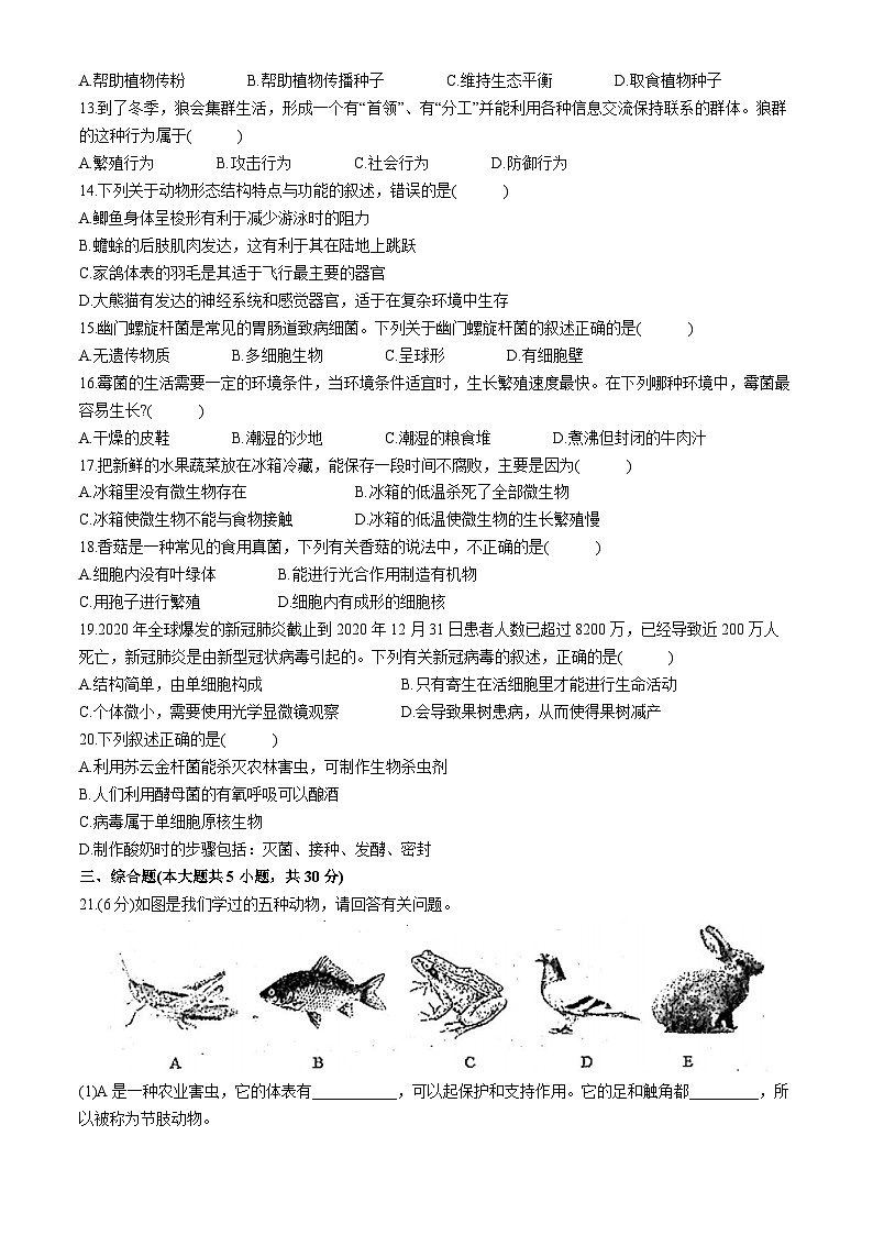 江西省上饶市广信区2024-2025学年八年级上学期期中生物学试题02