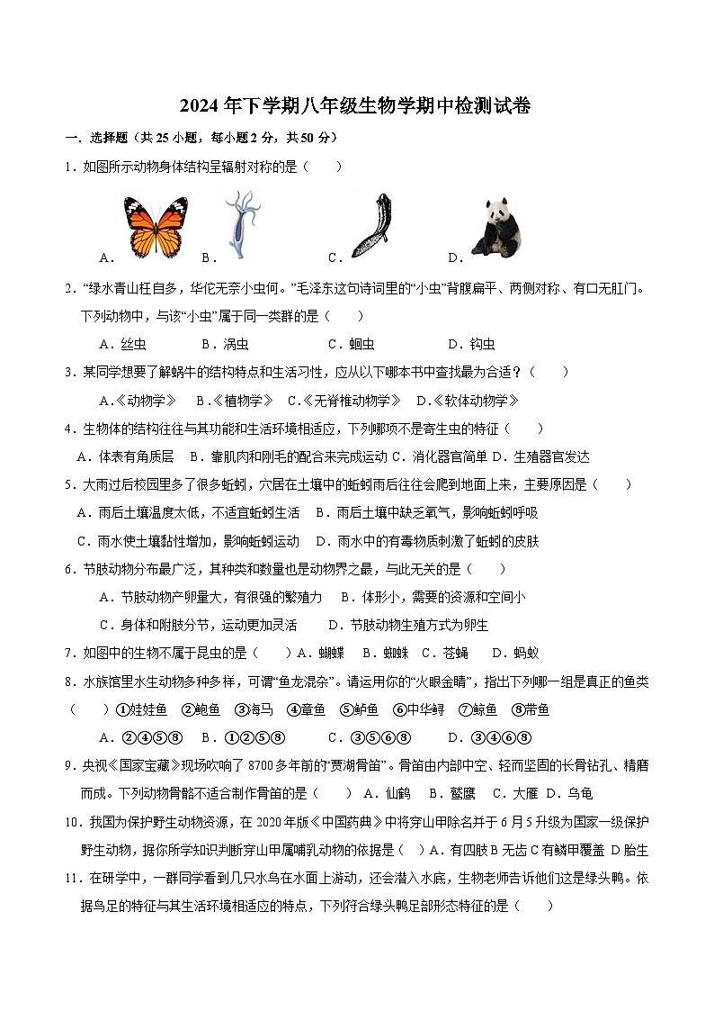 湖南省长沙市宁乡市西部乡镇2024-2025学年八年级上学期11月期中生物试题01