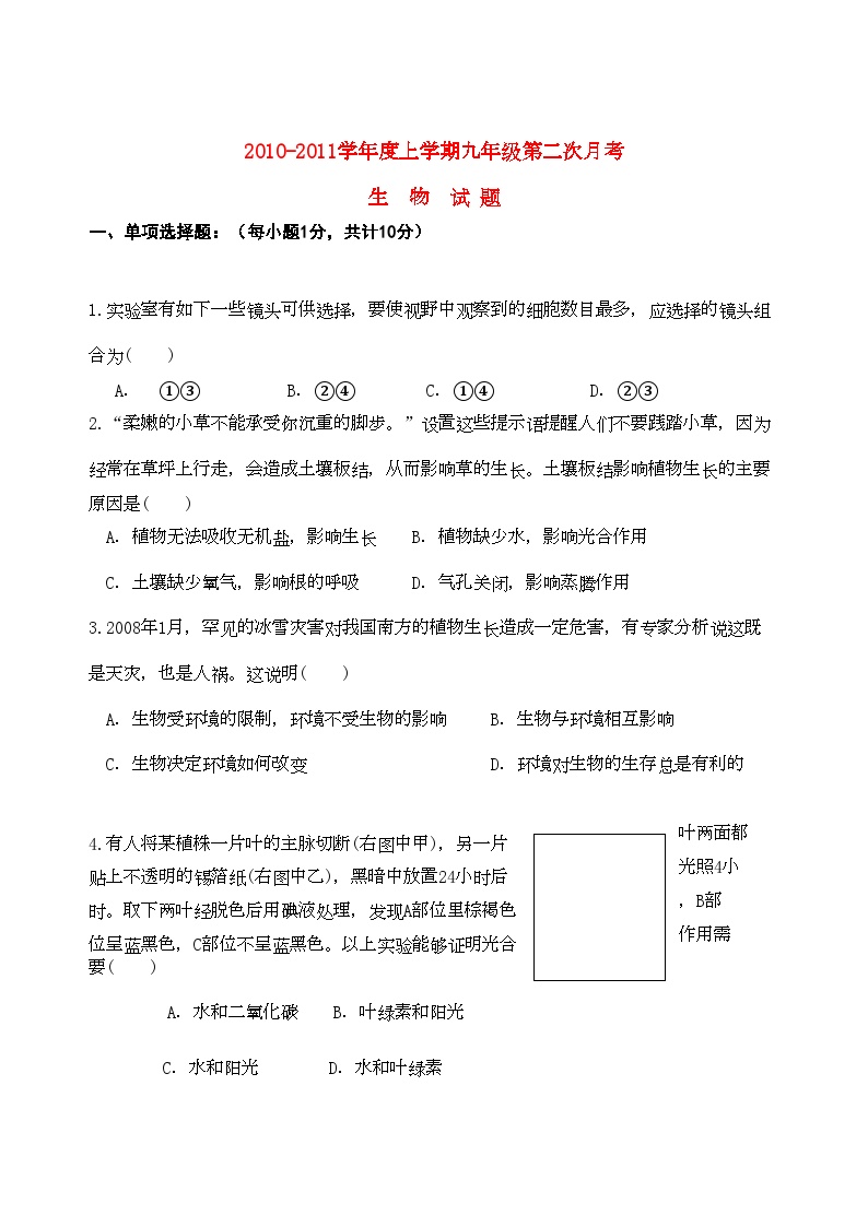 2022年江西省临川区云山九年级生物上学期第二次月考试题人教新课标版