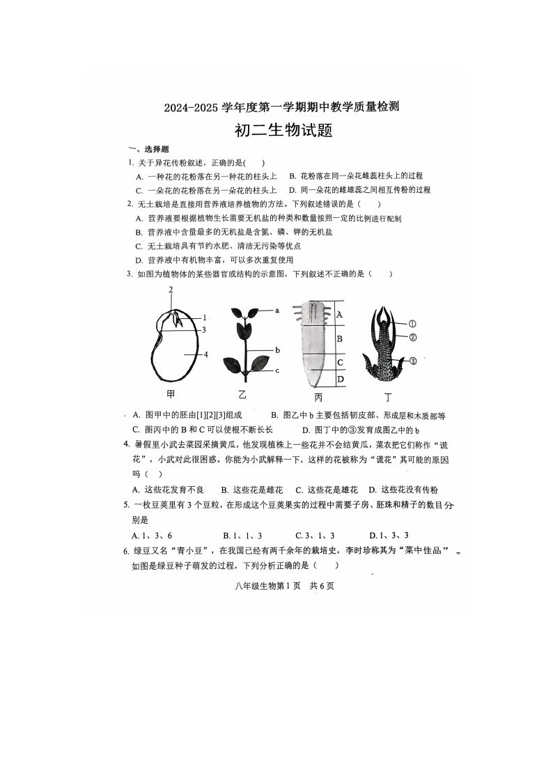 山东省菏泽市郓城县2024-2025学年八年级上学期期中学业水平测试生物试卷