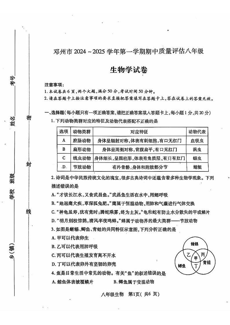 河南省邓州市2024—2025学年八年级上学期期中考试生物试卷第1页