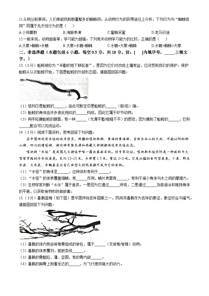辽宁省葫芦岛市绥中县2024-2025学年八年级上学期期中生物试题02
