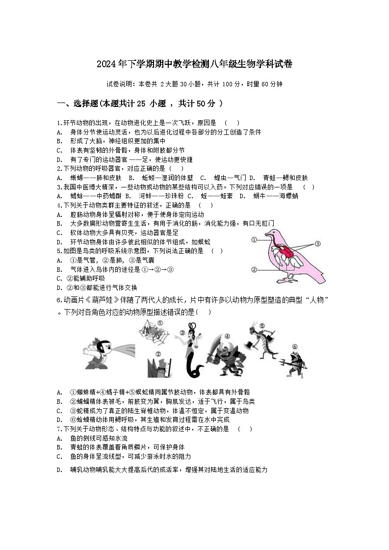 湖南省衡阳市四校2024-2025学年八年级上学期11月期中考试生物试题第1页