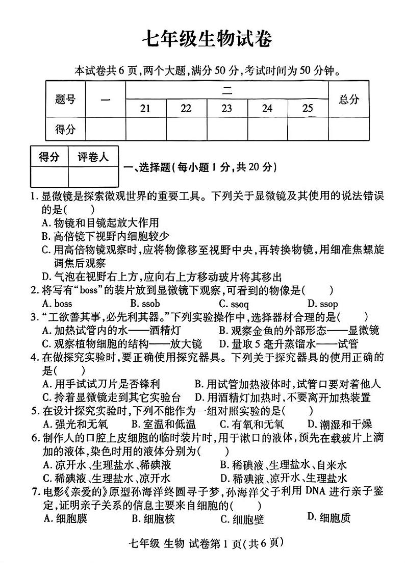 河南省洛阳市伊滨区、瀍河区2024-2025学年七年级上学期期中考试生物试题第1页