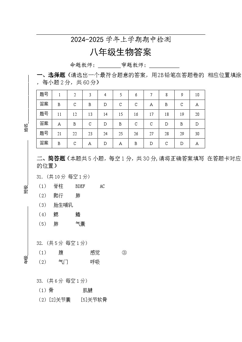 2024-2025学年上学期期中检测 八年级生物答案第1页