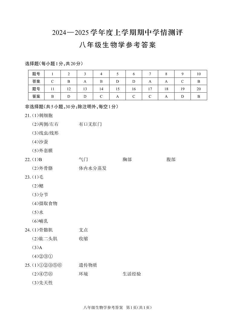 8 生物学 参考答案第1页