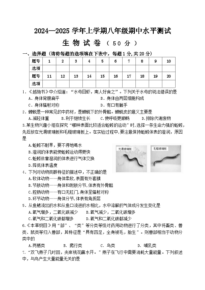 河南省新乡市原阳县2024-2025学年八年级上学期11月期中生物试题