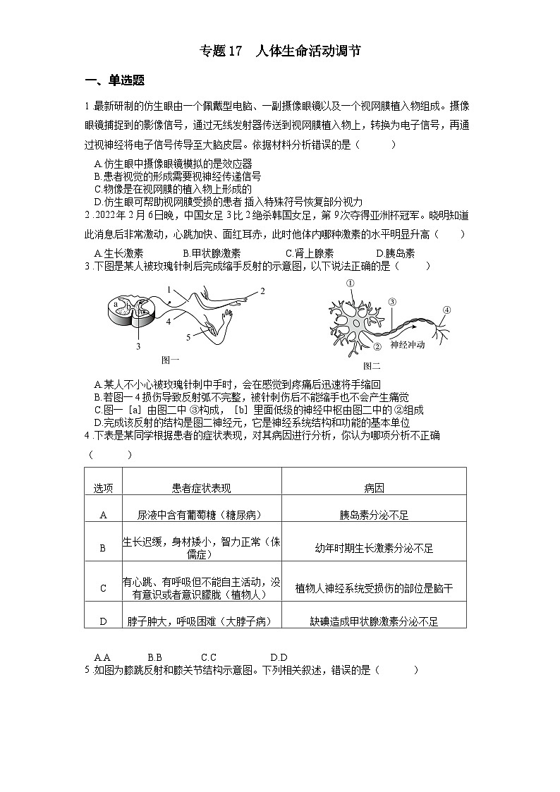 2025年中考生物一轮复习考点通关练习专题17 人体生命活动调节(原卷版)第1页