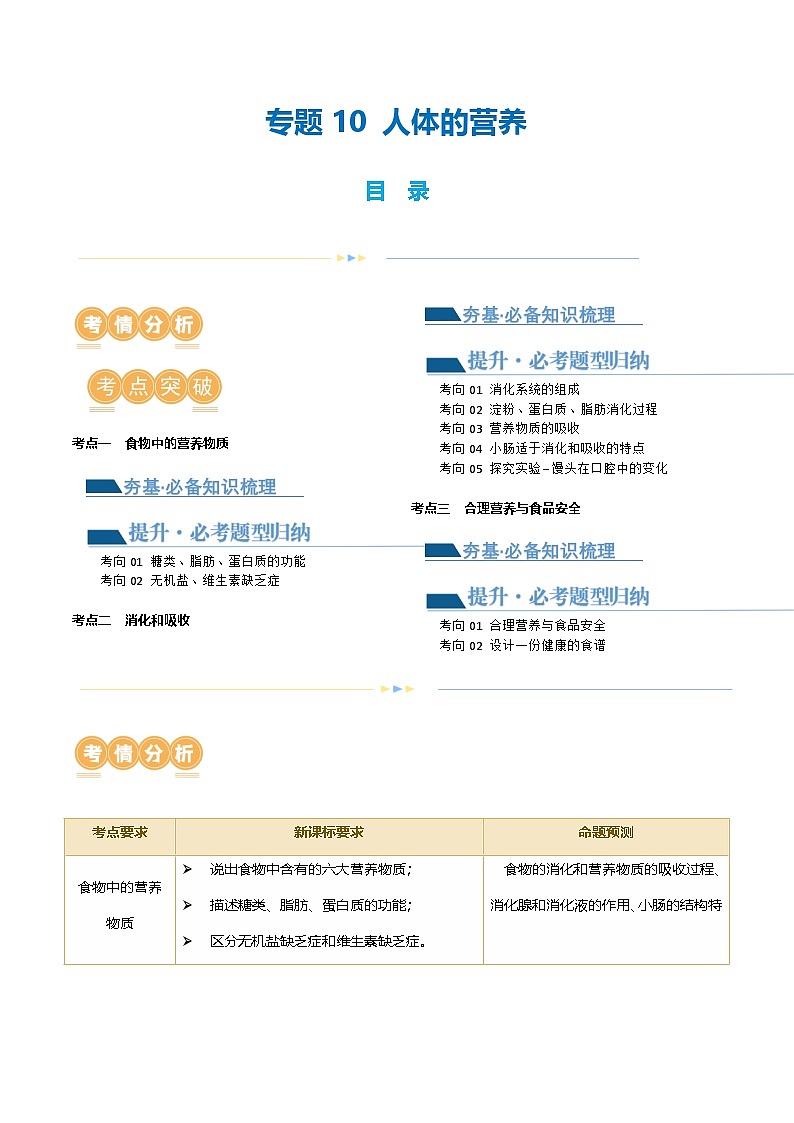 (通用版)中考生物一轮复习考点讲义专题10 人体的营养(原卷版)第1页
