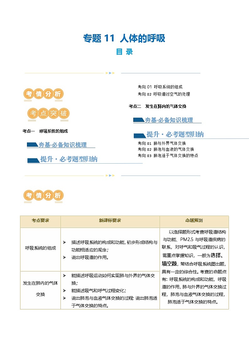 (通用版)中考生物一轮复习考点讲义专题11 人体的呼吸(原卷版)第1页