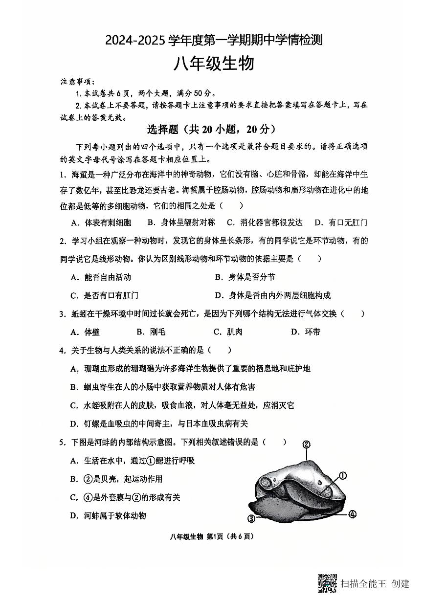 河南省周口市商水县2024-2025学年八年级上学期期中测试生物试卷