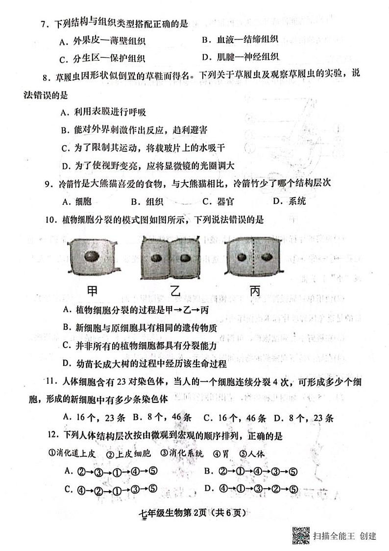 河南省南阳市镇平县2024-2025学年七年级上学期期中考试生物试卷02