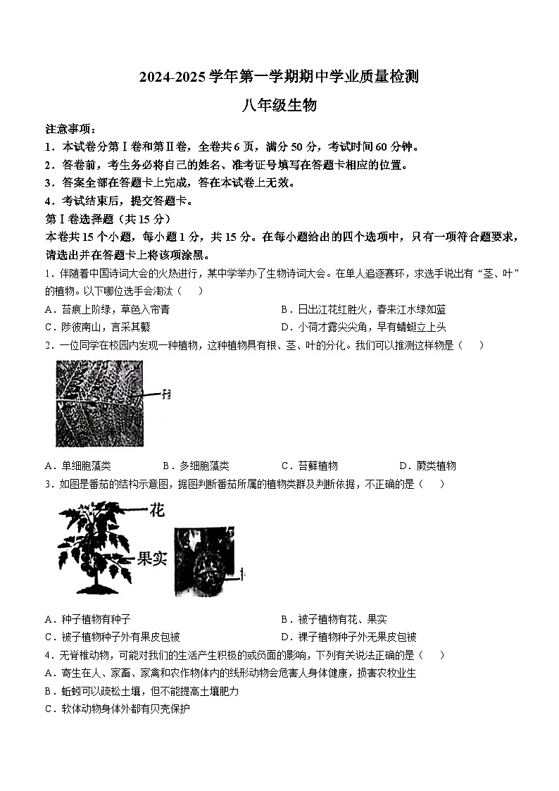 山西省运城市盐湖区2024-2025学年八年级上学期期中生物试题第1页