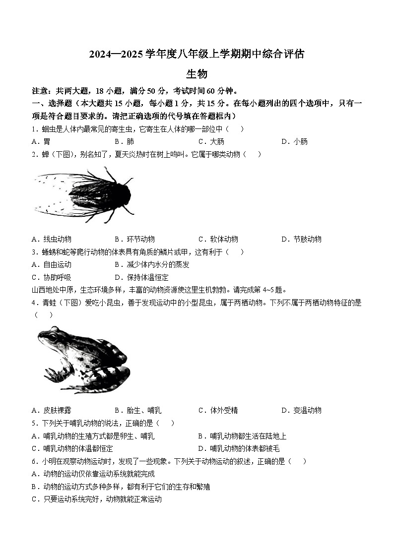 山西省吕梁市离石区多校2024-2025学年八年级上学期期中生物学试题(无答案)第1页