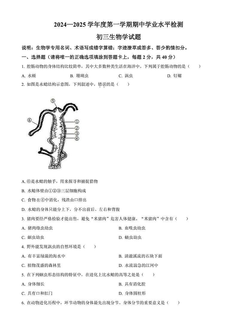 山东省淄博市张店区2024~2025学年八年级(上)期中生物试题(含答案)第1页