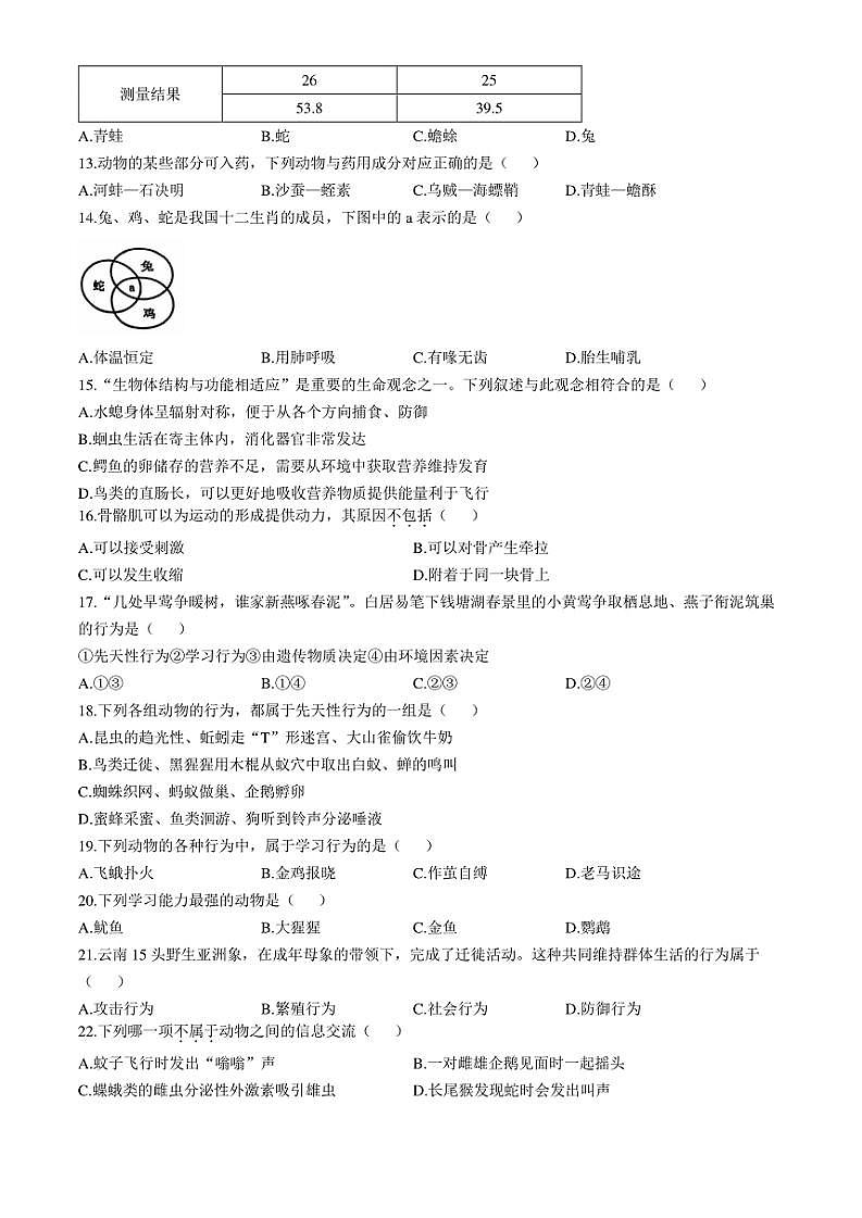 福建省福州市仓山区2024~2025学年八年级(上)期中生物试题(含答案)第2页