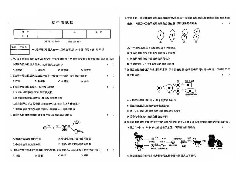 吉林省蛟河市2024~2025学年七年级上学期期中生物测试卷第1页