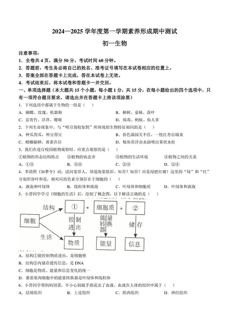 山西省侯马市三校2024~2025学年七年级(上)期中生物试卷(含答案)01