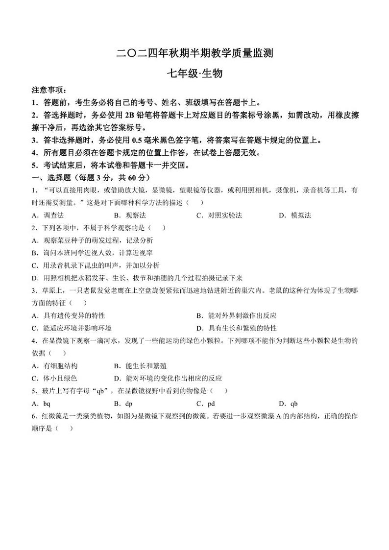 四川省宜宾市江安县2024~2025学年七年级(上)期中生物试卷(含答案)01