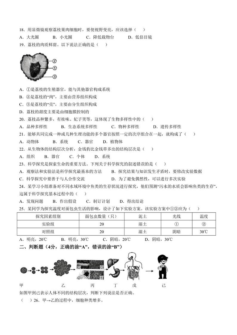 福建省龙岩市新罗区2024~2025学年七年级(上)期中生物试卷(含答案)第3页