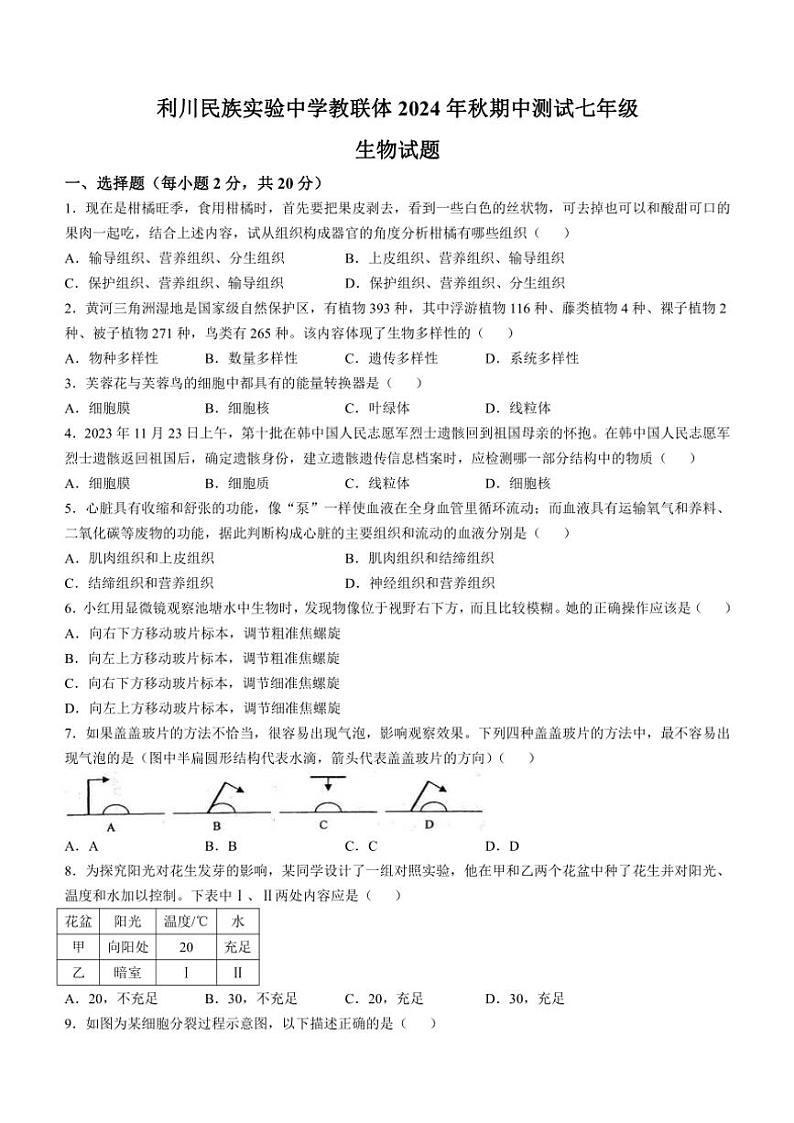 湖北省恩施州利川市民族实验中学2024~2025学年七年级(上)期中生物试卷(含答案)第1页