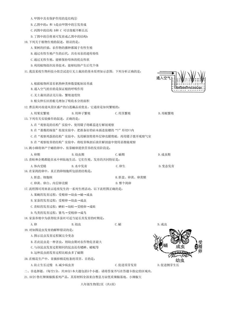 山东省菏泽市曹县2024~2025学年八年级(上)期中生物试卷(含答案)第2页