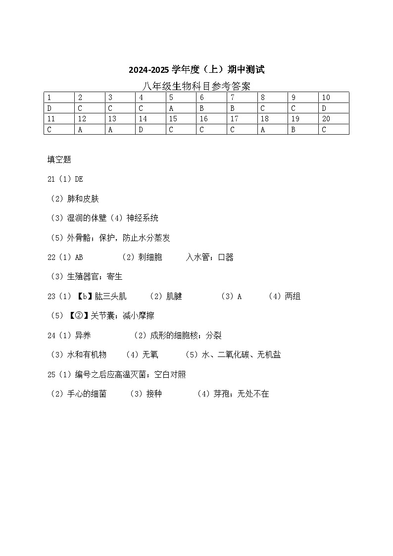 八年级生物 科参考答案第1页