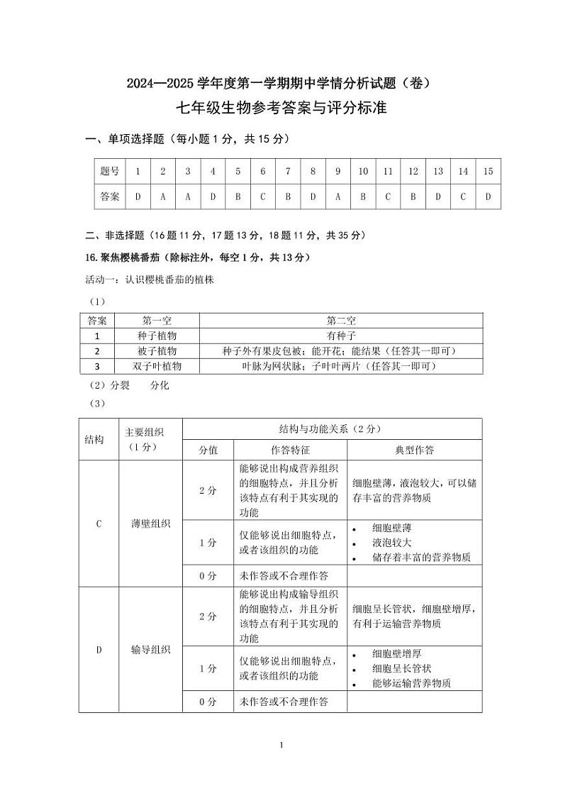 七年级生物答案第1页