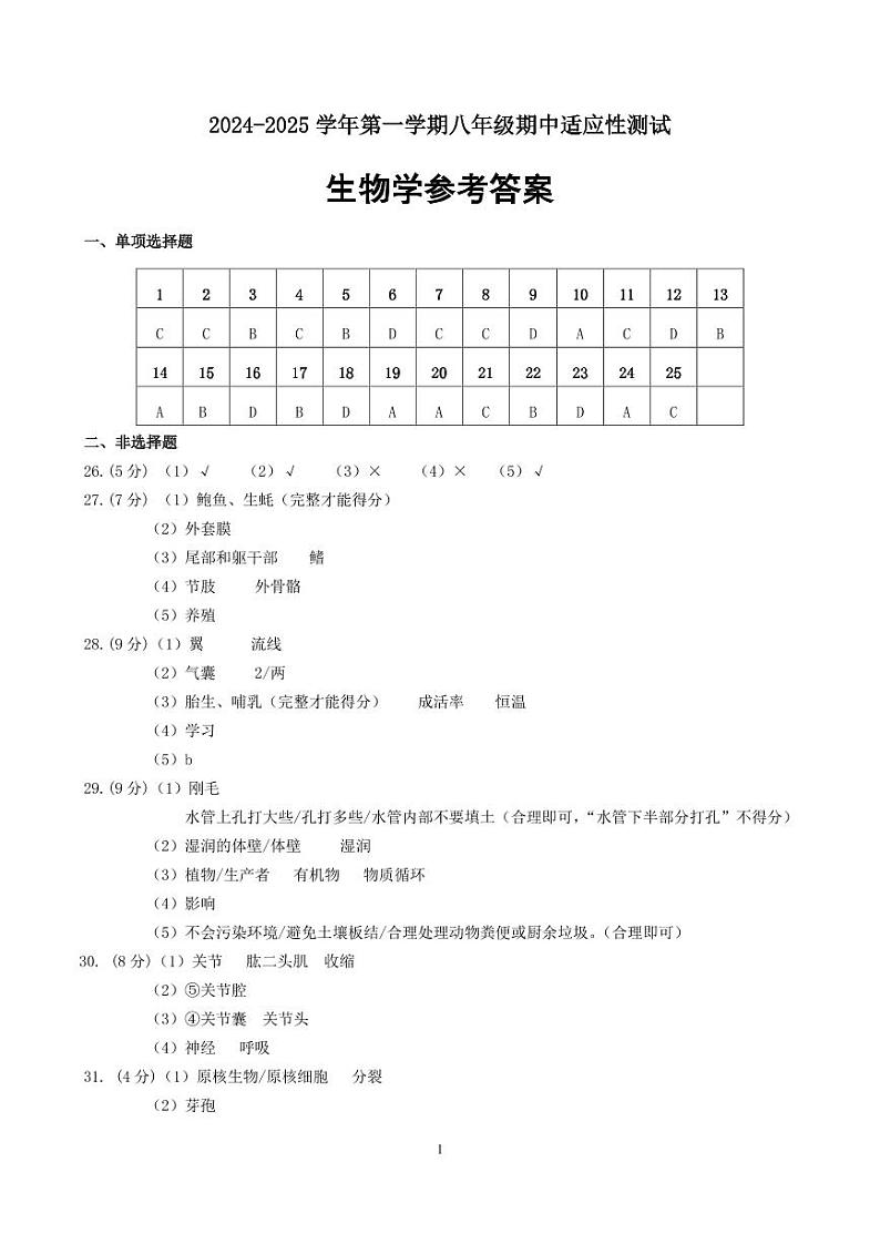 2024-2025学年第一学期八年级期中适应性测试-生物学答案第1页