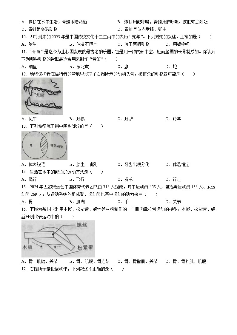 河北省保定市满城区2024-2025学年八年级上学期期中生物试题(无答案)第2页