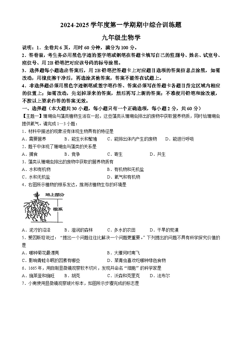 广东省揭阳市普宁市2024-2025学年九年级上学期期中生物学试题(无答案)