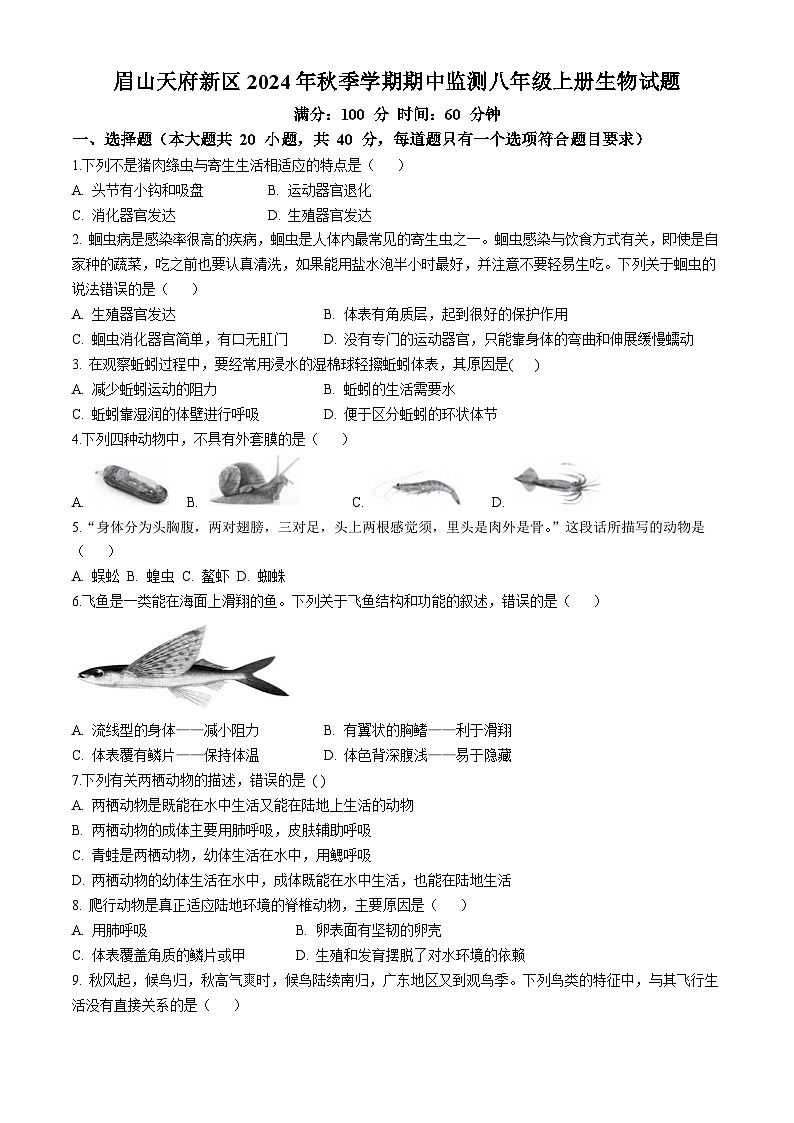 四川省眉山市天府新区清水初级中学2024-2025学年八年级上学期期中生物试题(无答案)01
