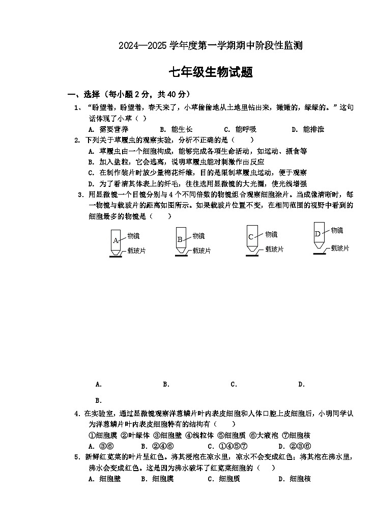(教研室提供)山东省枣庄市台儿庄区2024-2025学年七年级上学期期中考试生物试题第1页