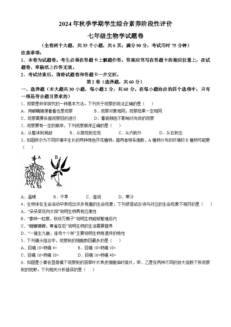 云南省昭通市昭阳区2024-2025学年七年级上学期期中生物试题第1页