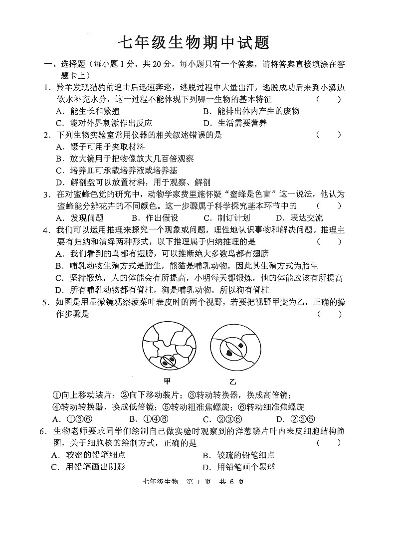 山东省菏泽市巨野县2024-2025学年七年级上学期11月期中生物试题01