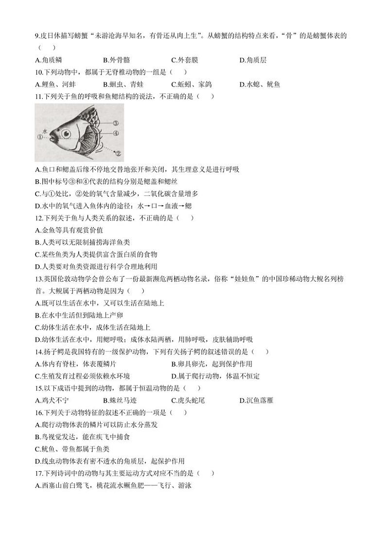 河南省漯河市临颍县2024~2025学年八年级(上)期中生物试卷(含答案)02