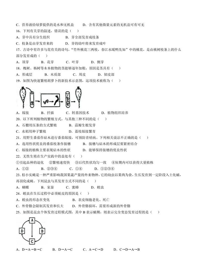 山东省德州市宁津县第四实验中学等两校2024~2025学年八年级(上)期中生物试卷(含答案)第3页